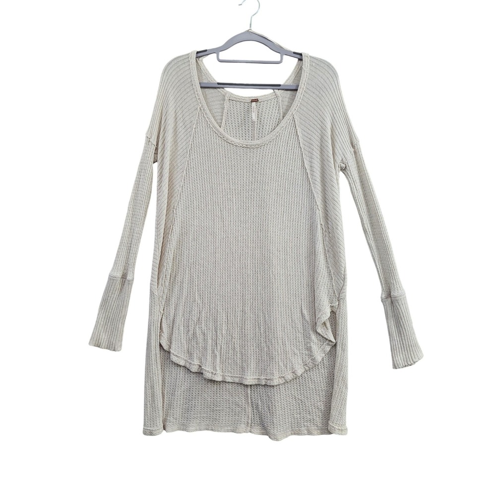 Free People Waffle Knit Tunic Women Medium Cream Solid Long Sleeve Boho Thermal